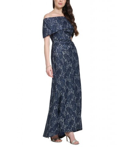 Women's Off-The-Shoulder Sequin Lace Column Gown Navy $85.68 Dresses