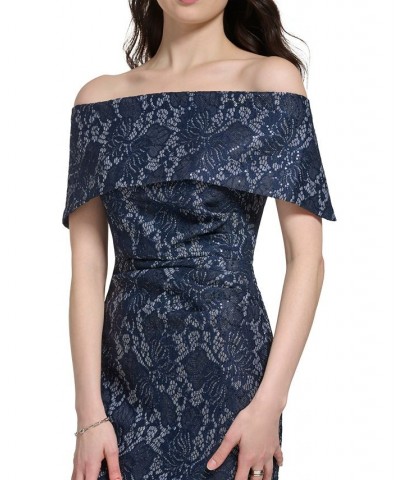 Women's Off-The-Shoulder Sequin Lace Column Gown Navy $85.68 Dresses