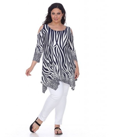 Plus Size Antonia Cut-Out Shoulder Tunic Navy White $27.28 Tops