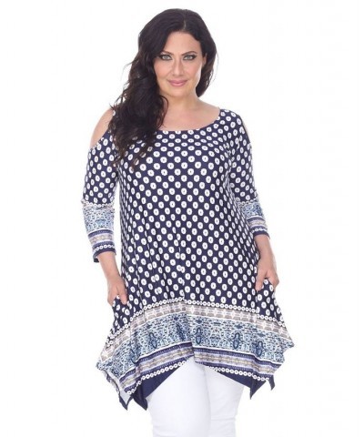 Plus Size Antonia Cut-Out Shoulder Tunic Navy White $27.28 Tops