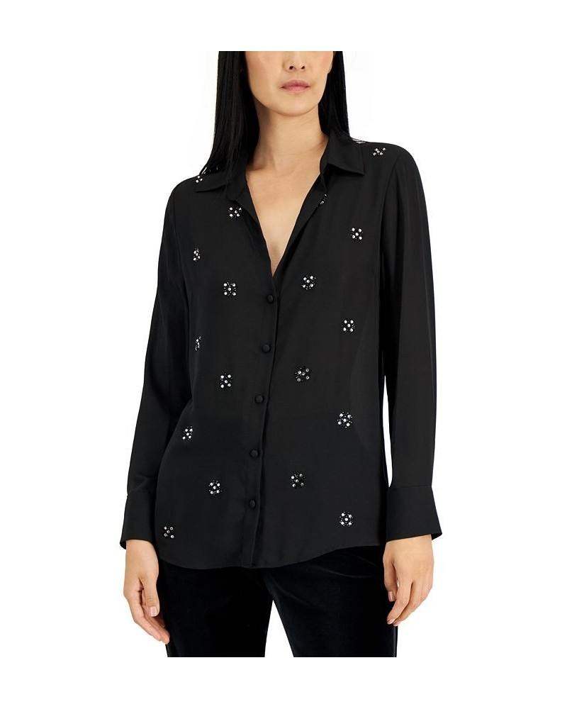 Women's Crystal-Beaded Georgette Blouse Black $126.06 Tops