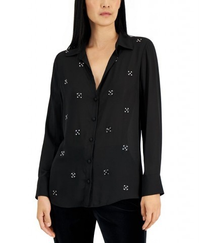 Women's Crystal-Beaded Georgette Blouse Black $126.06 Tops