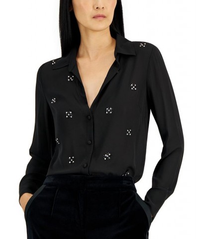 Women's Crystal-Beaded Georgette Blouse Black $126.06 Tops