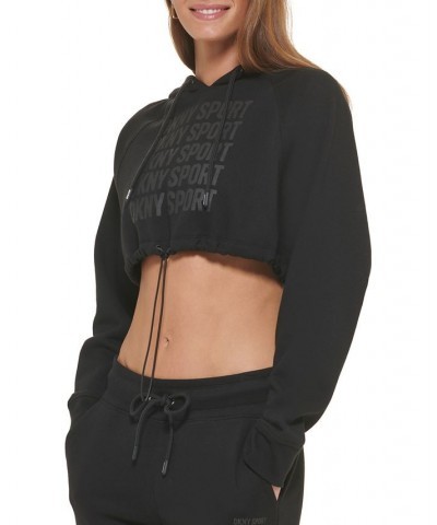 Women's Performance Cropped Repeat-Logo Drawstring Hoodie Black $25.96 Tops