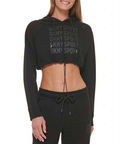 Women's Performance Cropped Repeat-Logo Drawstring Hoodie Black $25.96 Tops