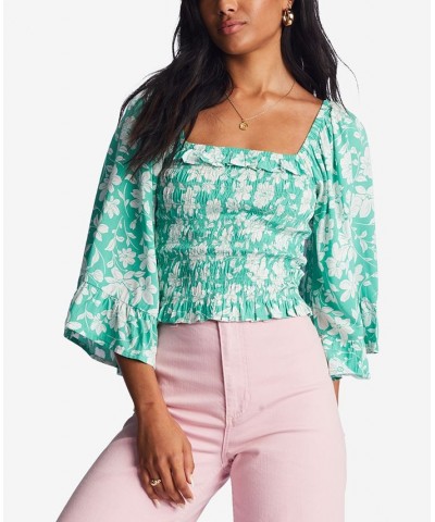Juniors' Be My Babe Floral Bell-Sleeve Top Green $36.46 Tops