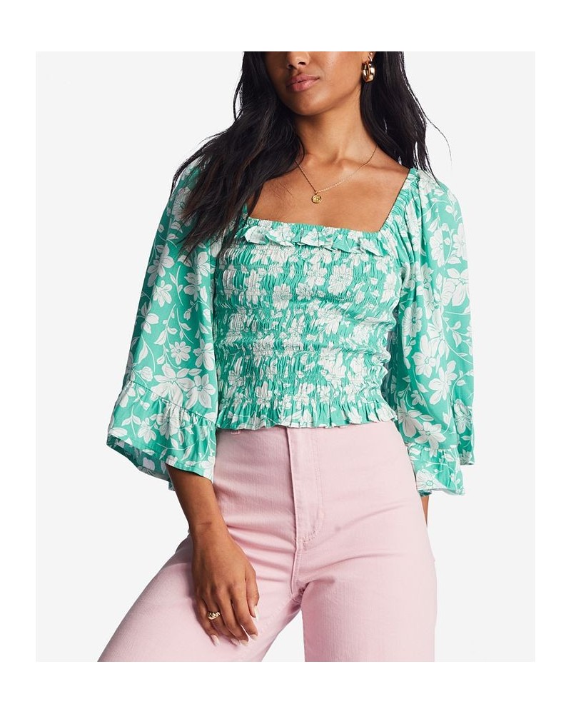 Juniors' Be My Babe Floral Bell-Sleeve Top Green $36.46 Tops