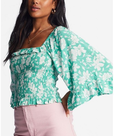 Juniors' Be My Babe Floral Bell-Sleeve Top Green $36.46 Tops