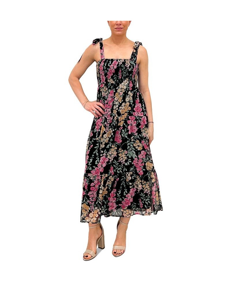 Women's Shoulder-Tie Smocked Tiered Dress Black Multi $45.88 Dresses