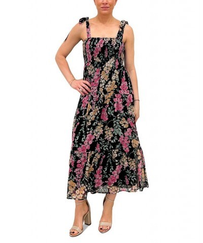 Women's Shoulder-Tie Smocked Tiered Dress Black Multi $45.88 Dresses