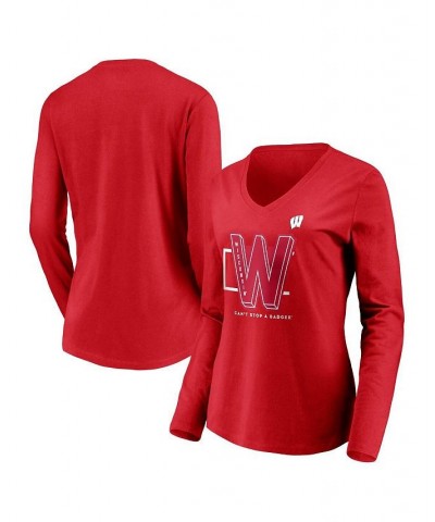 Women's Branded Red Wisconsin Badgers Can't Stop a Badger V-Neck Long Sleeve T-shirt Red $20.16 Tops