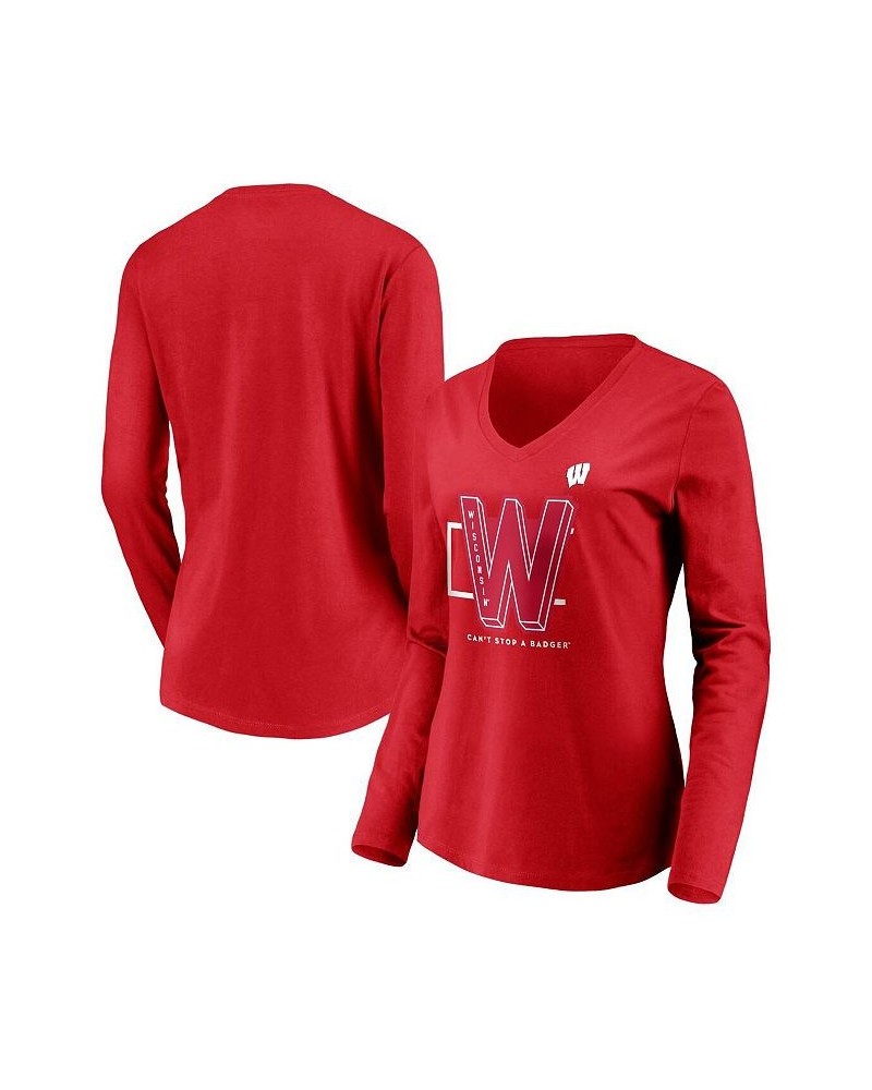 Women's Branded Red Wisconsin Badgers Can't Stop a Badger V-Neck Long Sleeve T-shirt Red $20.16 Tops