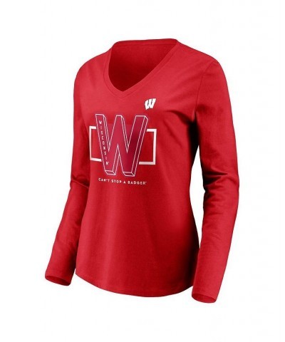 Women's Branded Red Wisconsin Badgers Can't Stop a Badger V-Neck Long Sleeve T-shirt Red $20.16 Tops