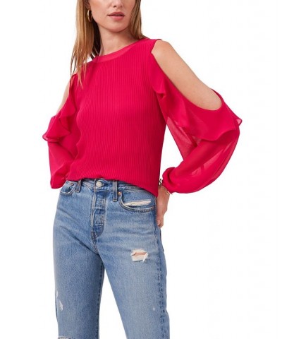 Women's Ruffle Pleat Cold Shoulder Long Sleeve Blouse Rose Blossom $45.54 Tops