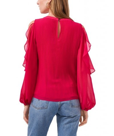 Women's Ruffle Pleat Cold Shoulder Long Sleeve Blouse Rose Blossom $45.54 Tops