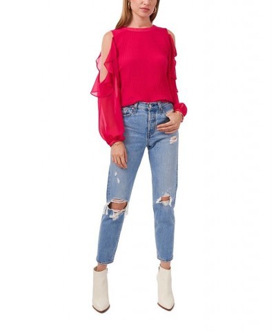 Women's Ruffle Pleat Cold Shoulder Long Sleeve Blouse Rose Blossom $45.54 Tops