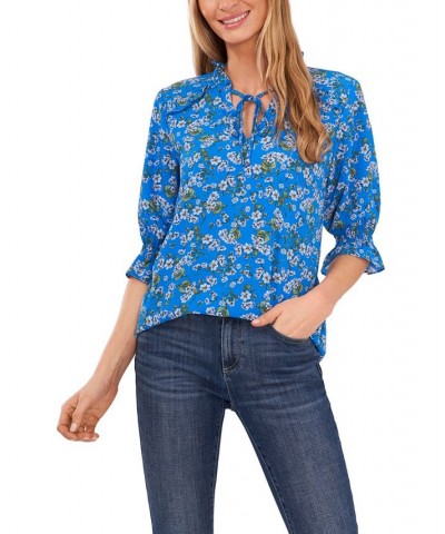 Women's Tie Neck Floral Print Blouse Ocean Blue $22.28 Tops
