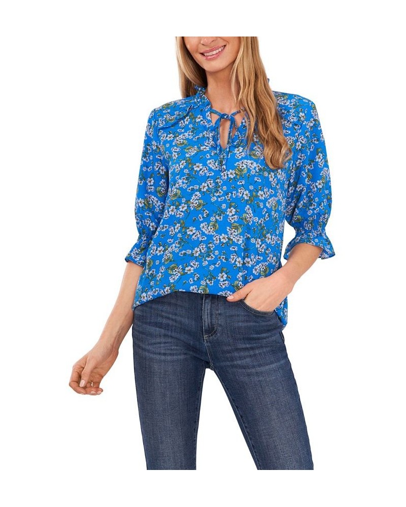 Women's Tie Neck Floral Print Blouse Ocean Blue $22.28 Tops