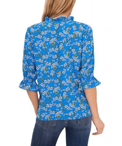 Women's Tie Neck Floral Print Blouse Ocean Blue $22.28 Tops