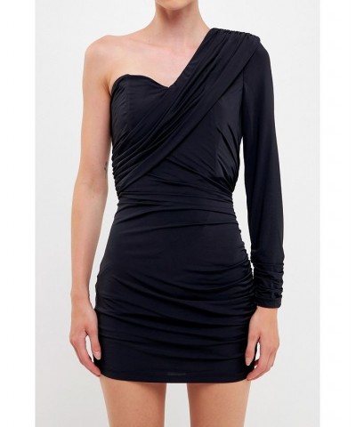 Women's One Shoulder Shirred Mini Dress Black $67.50 Dresses