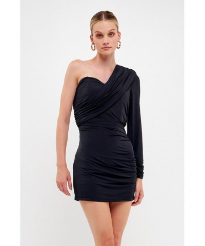 Women's One Shoulder Shirred Mini Dress Black $67.50 Dresses