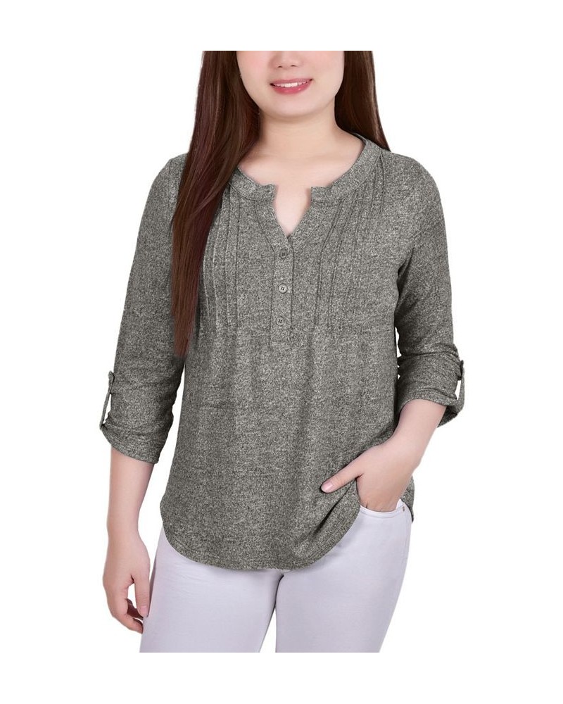 Petite 3/4 Roll Tab Sleeve Pintuck Top Heather Gray $14.40 Tops