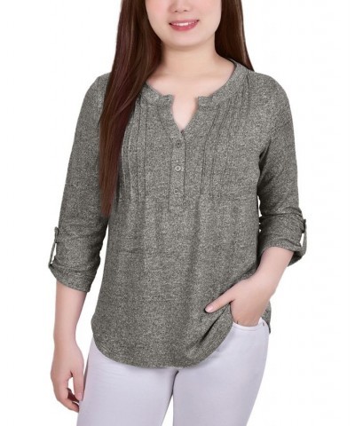 Petite 3/4 Roll Tab Sleeve Pintuck Top Heather Gray $14.40 Tops