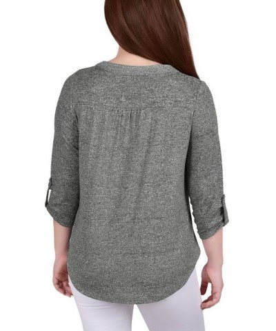 Petite 3/4 Roll Tab Sleeve Pintuck Top Heather Gray $14.40 Tops