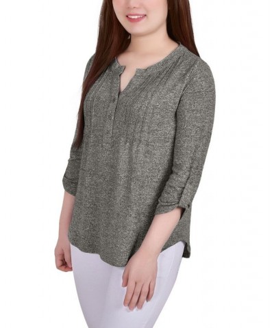 Petite 3/4 Roll Tab Sleeve Pintuck Top Heather Gray $14.40 Tops