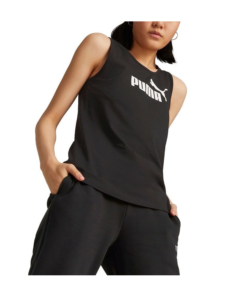 Women's Cotton Crewneck Sleeveless Logo Tank Top Black $13.51 Tops