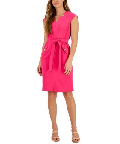 Petite Belted Cap-Sleeve Pocket-Detail Dress Pink Perfection $45.78 Dresses
