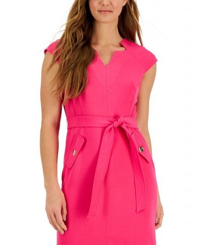 Petite Belted Cap-Sleeve Pocket-Detail Dress Pink Perfection $45.78 Dresses