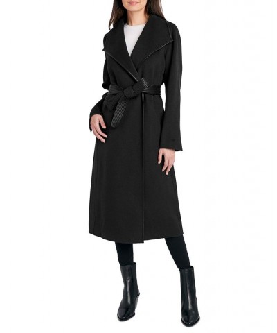 Women's Faux-Leather-Trim Belted Wrap Coat Black $91.20 Coats