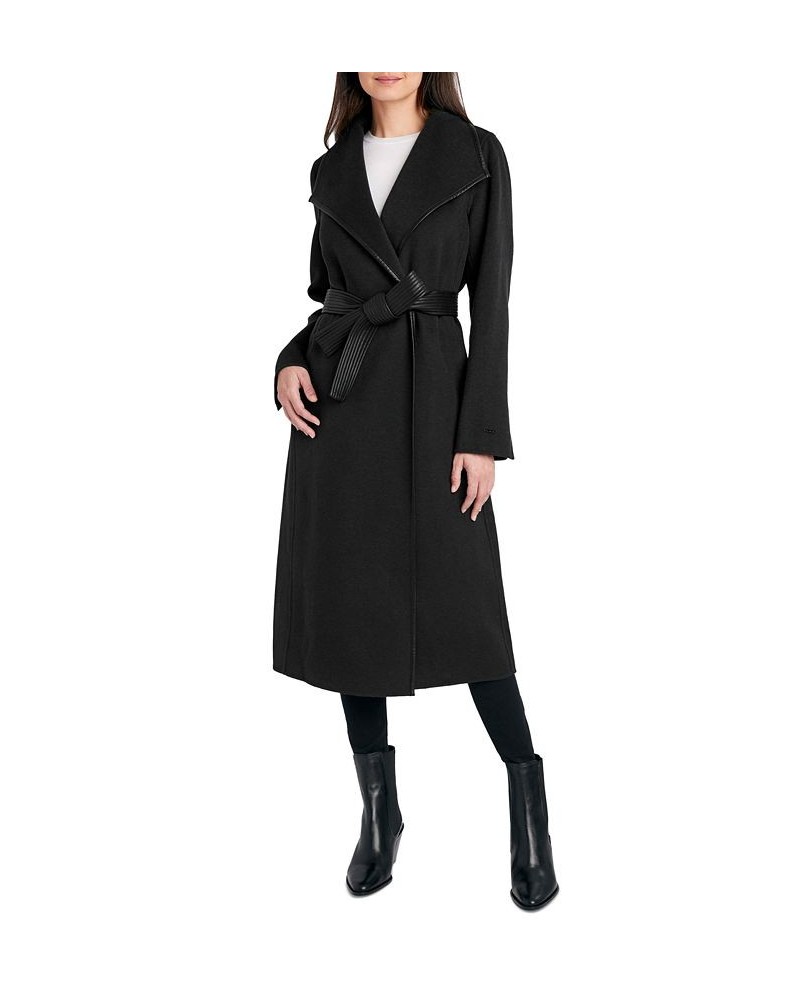 Women's Faux-Leather-Trim Belted Wrap Coat Black $91.20 Coats