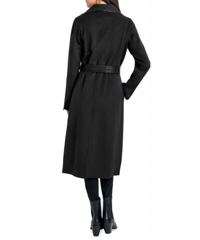 Women's Faux-Leather-Trim Belted Wrap Coat Black $91.20 Coats