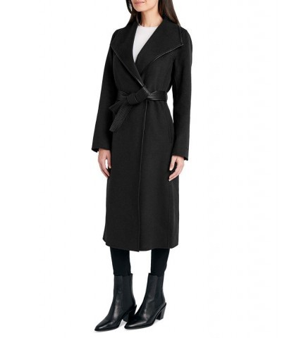 Women's Faux-Leather-Trim Belted Wrap Coat Black $91.20 Coats