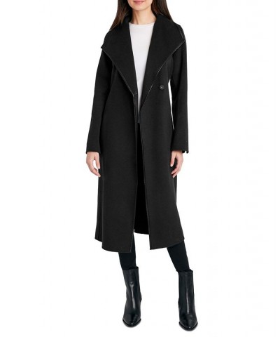 Women's Faux-Leather-Trim Belted Wrap Coat Black $91.20 Coats