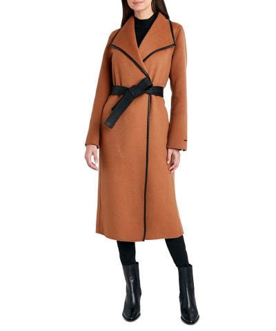 Women's Faux-Leather-Trim Belted Wrap Coat Brown $91.20 Coats