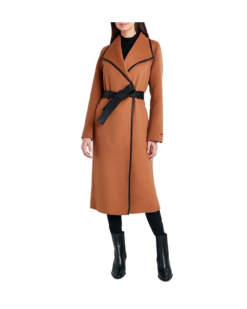 Women's Faux-Leather-Trim Belted Wrap Coat Brown $91.20 Coats