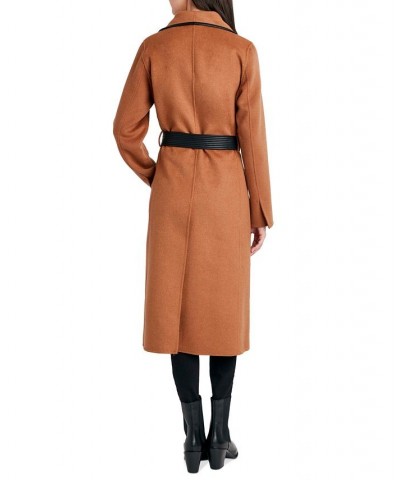 Women's Faux-Leather-Trim Belted Wrap Coat Brown $91.20 Coats