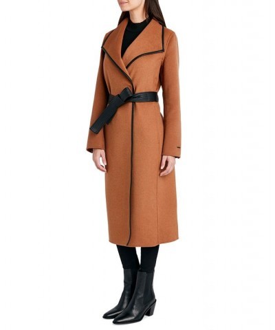 Women's Faux-Leather-Trim Belted Wrap Coat Brown $91.20 Coats