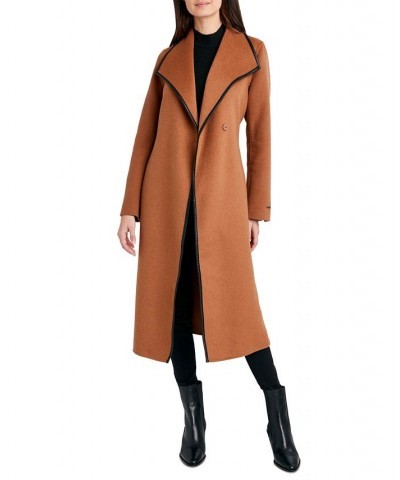 Women's Faux-Leather-Trim Belted Wrap Coat Brown $91.20 Coats