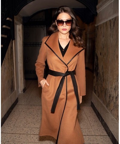 Women's Faux-Leather-Trim Belted Wrap Coat Brown $91.20 Coats