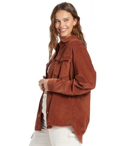 Juniors' Cotton Let It Go Cord Boyfriend-Fit Shirt Baked Clay $22.08 Tops