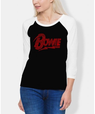 Women's David Bowie Logo Raglan Baseball Word Art T-shirt Black-Red $19.36 Tops