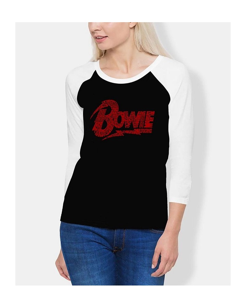 Women's David Bowie Logo Raglan Baseball Word Art T-shirt Black-Red $19.36 Tops