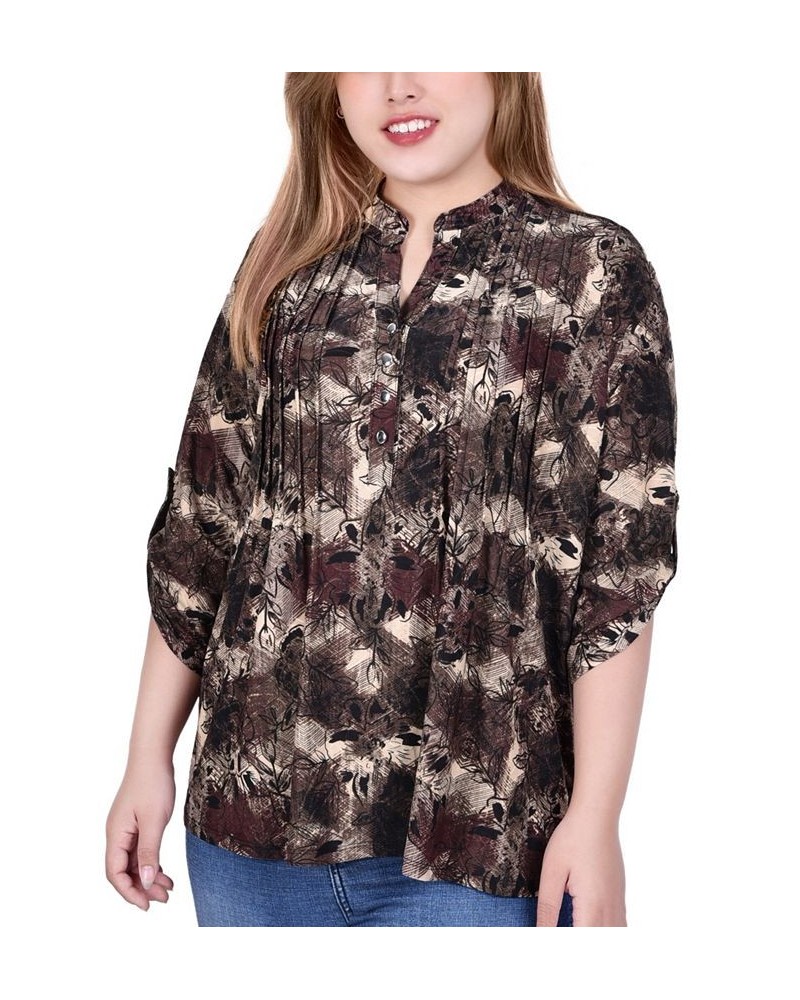 Plus Size 3/4 Roll Tab Sleeve Y-Neck Top Taupe Milaflor $13.14 Tops