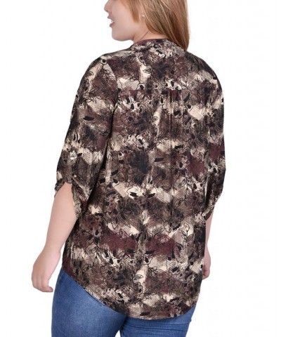 Plus Size 3/4 Roll Tab Sleeve Y-Neck Top Taupe Milaflor $13.14 Tops