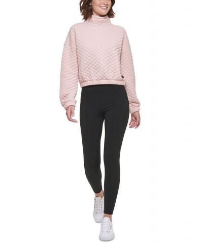 Women's Quilted Jacquard Mock-Neck Long-Sleeve Crop Top With Elastic Hem Pink $20.59 Sweatshirts