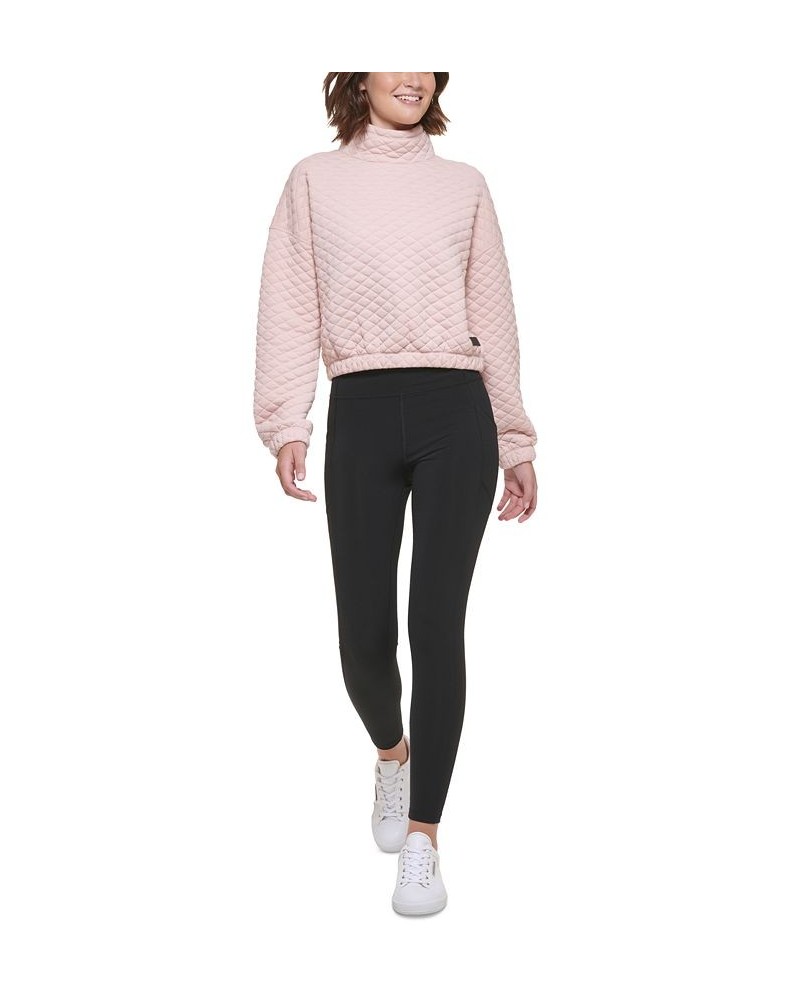 Women's Quilted Jacquard Mock-Neck Long-Sleeve Crop Top With Elastic Hem Pink $20.59 Sweatshirts